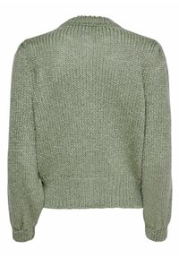Zielony sweter z dzianiny z okrągłym dekoltem, długimi rękawami i ściągaczem na dole. Teksturowana tkanina charakteryzuje się luźnym splotem.
