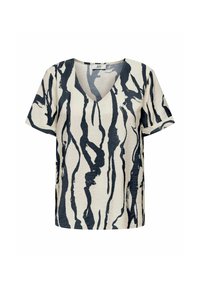 Short-sleeve top in cream with navy abstract stripes, featuring a V-neck design and textured fabric for added dimension.