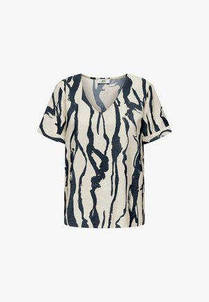 Kurzarm-Top in Creme mit navyblauen abstrakten Streifen, ausgestattet mit einem V-Ausschnitt und strukturiertem Stoff für zusätzliche Dimension.