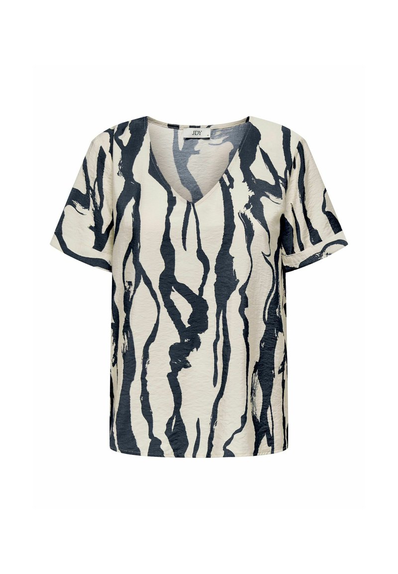 Short-sleeve top in cream with navy abstract stripes, featuring a V-neck design and textured fabric for added dimension.