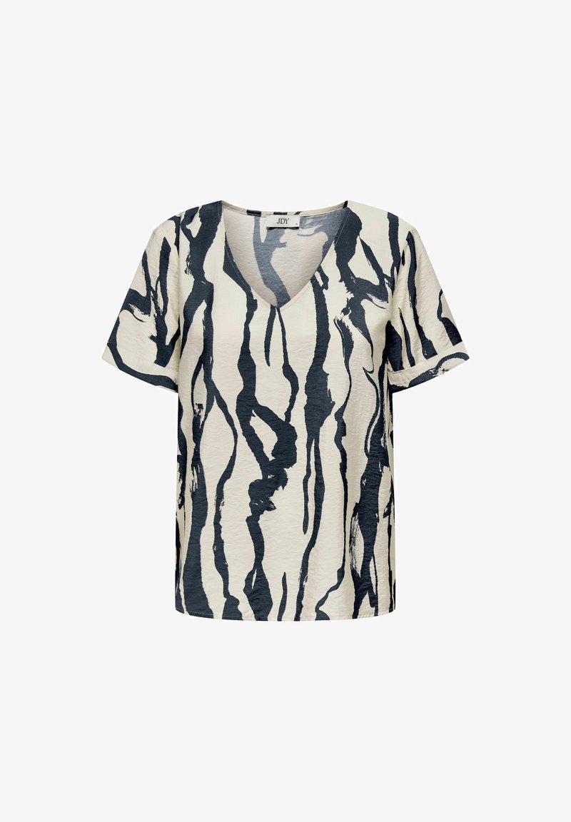 Kurzarm-Top in Creme mit navyblauen abstrakten Streifen, ausgestattet mit einem V-Ausschnitt und strukturiertem Stoff für zusätzliche Dimension.