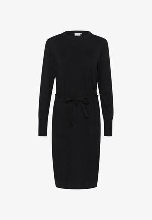 Abito nero in maglia con maniche lunghe, scollo rotondo e una cintura in vita. Tessuto liscio e silhouette aderente.