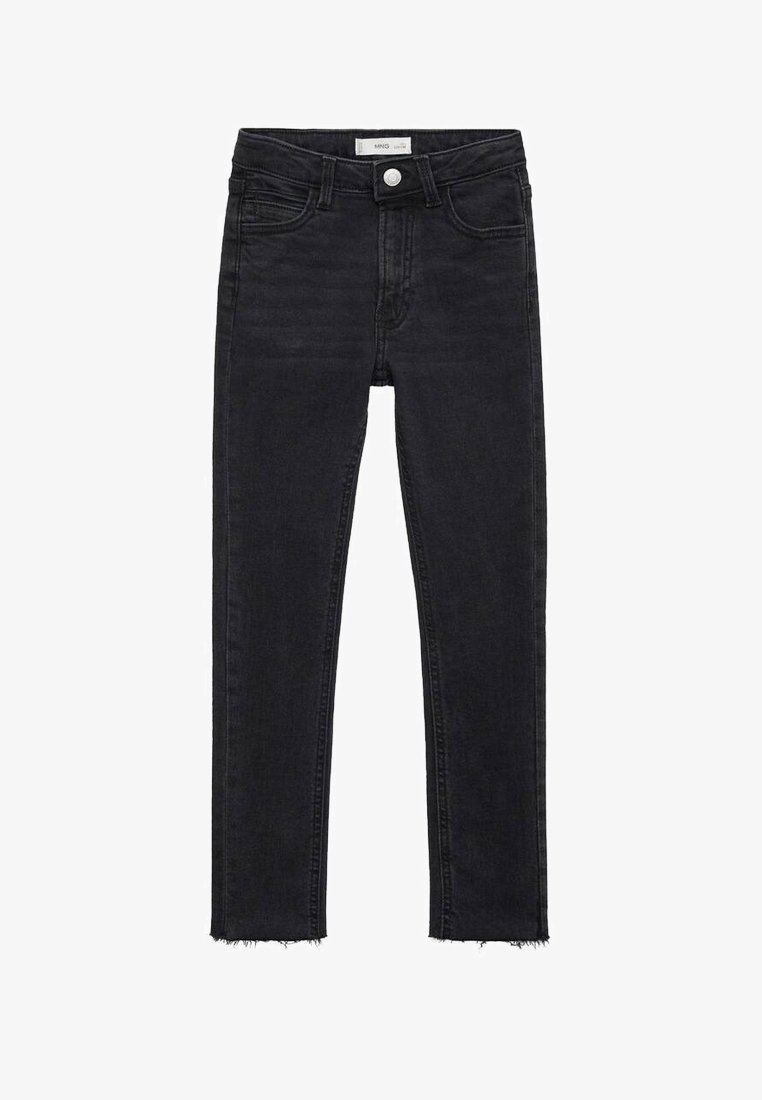 Černé úzké džíny z denimu se třepeným lemem, designem s pěti kapsami a zapínáním na knoflík v pase. Klasický střih s elegantní siluetou.