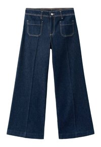 Pantalon large en denim foncé à taille haute, avec deux poches arrière, des coutures apparentes et une fermeture avant par boutons.