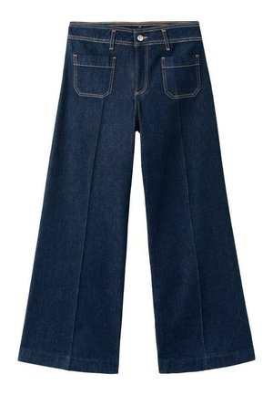 Wide-leg dark denim pants with a high waist, featuring two back pockets, visible stitching, and a front button closure.
