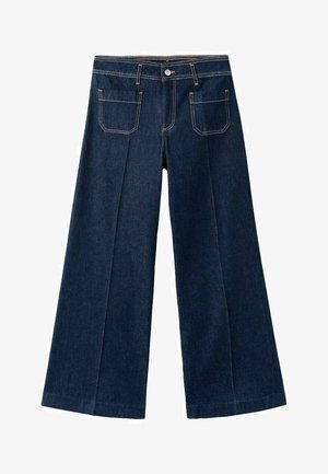 Wide-leg dark denim pants with a high waist, featuring two back pockets, visible stitching, and a front button closure.