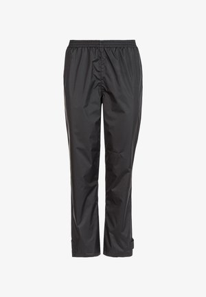 Sorte vandtætte bukser med elastisk talje, lige pasform, glat tekstur og justerbare manchetter ved kanten for en sikker pasform.