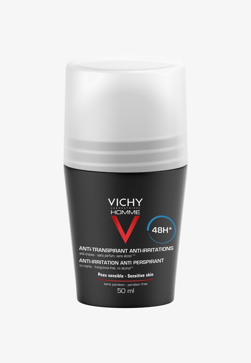 Roll-On-Antitranspirant in einer schwarzen Plastikflasche mit einem weißen Deckel. Verfügt über ein blaues kreisförmiges Logo und Text in mehreren Sprachen. 50 ml.