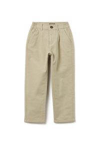 Beige chino's met een elastische tailleband, knoopsluiting, twee vo pockets en tapered pijpen. Medium gewicht stof met een gladde textuur.