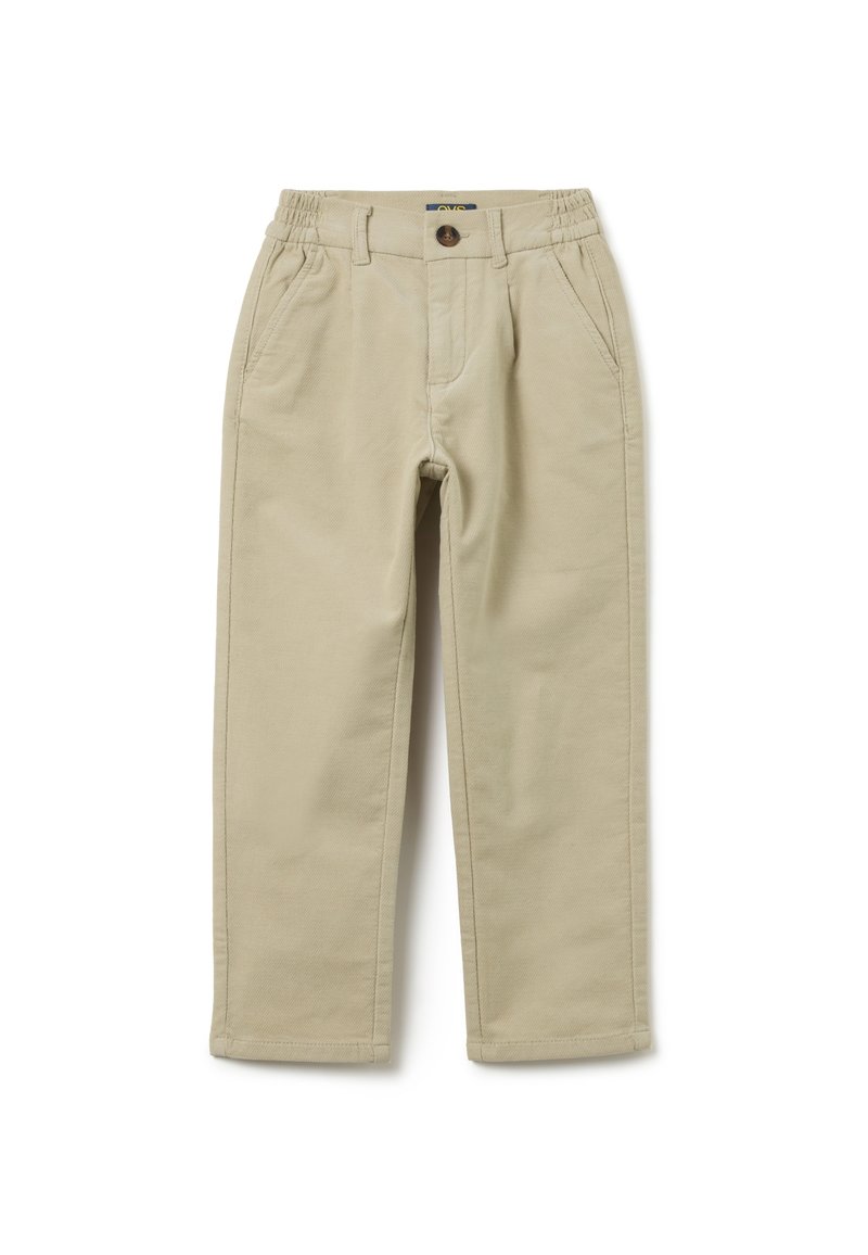 Beige chino's met een elastische tailleband, knoopsluiting, twee vo pockets en tapered pijpen. Medium gewicht stof met een gladde textuur.