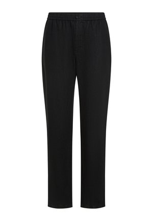 Pantaloni neri a vestibilità rilassata con vita elastica, chiusura con bottone, gambe dritte e tessuto liscio, adatti per un abbigliamento casual.