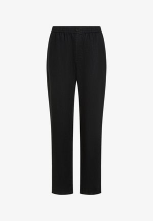 Mustad lõdva lõikega püksid, millel on elastne vöökoht, nööpidega kinnis, sirged sääred ja sile tekstuur, sobivad igapäevaseks kandmiseks.