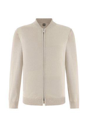 Béžový kardigan na zip s žebrovaným límcem, manžetami a lemem, zobrazený na bílém pozadí.