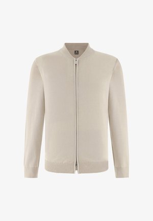 Béžový kardigan na zip s žebrovaným límcem, manžetami a lemem, zobrazený na bílém pozadí.