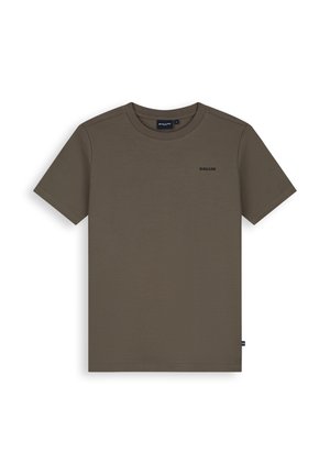 Olive green short-sleeve crew neck T-shirt with small "BALLIN" logo on the left chest and a tag on the side seam.