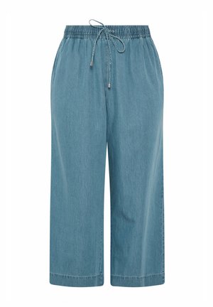 Lichtblauwe wijde denimbroek met elastische tailleband en trekkoordsluiting, ontworpen voor een ontspannen pasvorm.