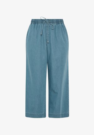 Pantaloni di jeans azzurri a gamba larga con vita elasticizzata e chiusura a coulisse, progettati per una vestibilità rilassata.