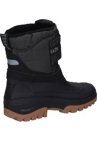 Schwarzer wasserdichter Stiefel mit einer strukturierten Gummisohle, verstärktem Knöchelschutz und verstellbarem Riemen. Der obere Teil besteht aus grauem Gewebe und einem Logo.