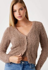 Cardigan pufo, de culoare maro deschis, cu decolteu în V, închidere cu butoane și un model de tricotaj texturat. Are mâneci lungi și o croială scurtă.