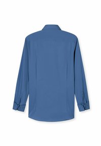 Long-sleeve shirt in solid blue fabric with a button-down collar, tailored fit, and cuffed sleeves; smooth texture with no visible patterns.
