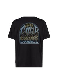 Sort bomulds T-shirt med et stort grafisk print i blå og grøn på ryggen, hvor der står "FROZEN CYCLE O’NEILL."