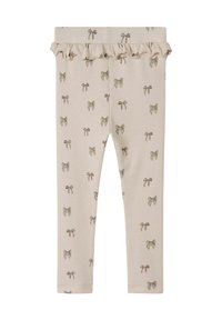Leggings color beige chiaro con una cintura arricciata, caratterizzate da un motivo ripetuto di piccoli fiocchi dettagliati in verdi e marroni spenti.