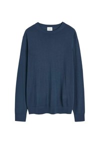 Marinblå stickad tröja med långa ärmar, rund halsringning, ribbade mudd- och nederkanter. Slät textur och minimalistisk design, utan synliga mönster eller detaljer.