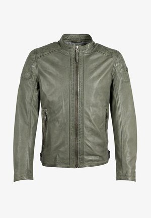 Olivgrüne Lederjacke mit Stehkragen, Frontreißverschluss und zwei seitlichen Reißverschlusstaschen. Sie hat eine glatte Textur und Schulterakzente.