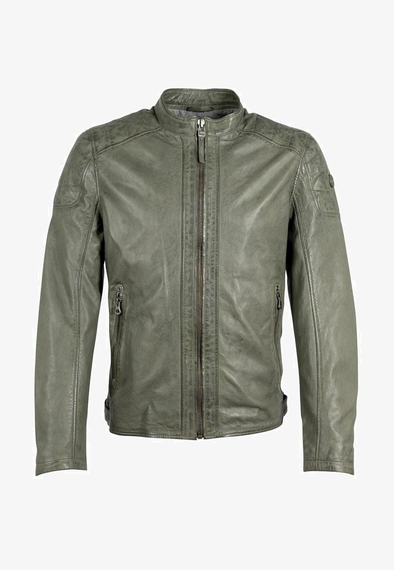 Olivgrüne Lederjacke mit Stehkragen, Frontreißverschluss und zwei seitlichen Reißverschlusstaschen. Sie hat eine glatte Textur und Schulterakzente.