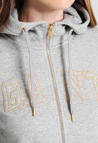 Sudadera con capucha y cremallera en gris con bordado dorado "GANT", cremallera plateada y cordones gris claro con puntas doradas. Material de mezcla de algodón.