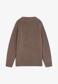 Suéter marrón de punto con cuello y dobladillo acanalados, que cuenta con mangas largas y un diseño de raglán sin costuras. La textura parece suave y acogedora.