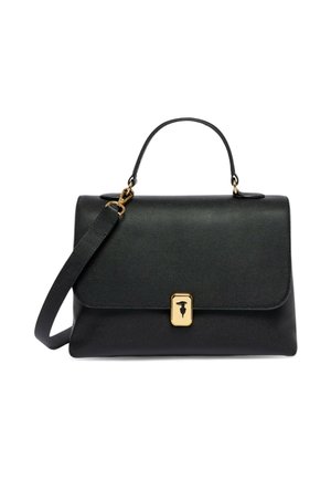 Sac à main en cuir noir avec poignée supérieure, bandoulière amovible et fermeture à boucle dorée sur le rabat avant.