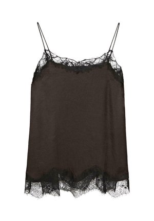 Camisole in raso nero con spalline sottili, caratterizzata da un delicato bordo in pizzo floreale lungo la scollatura e l'orlo.
