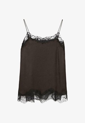 Zwarte satijnen camisol met dunne bandjes, voorzien van fijne bloemige kanten rand langs de halslijn en zoom.