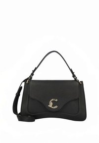 Zwarte leren handtas met een gestructureerd ontwerp, een bovenhandvat, afneembare schouderband en een zilveren logo-accent aan de voorkant.