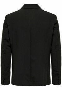 Blazer nero con colletto a punta, apertura singola sul retro, maniche lunghe e quattro bottoni decorativi sui polsini. Tessuto dalla texture liscia.