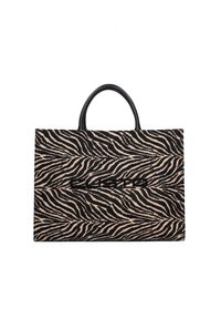 Sac fourre-tout rectangulaire avec un imprimé zèbre noir et beige et des poignées noires, présentant un texte en broderie noir gras sur le devant.