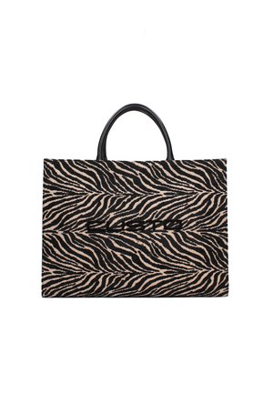 Rechteckige Tragetasche mit schwarz-beigem Zebra-Muster und schwarzen Trägern, auf der Vorderseite mit gesticktem, fettem schwarzen Text.