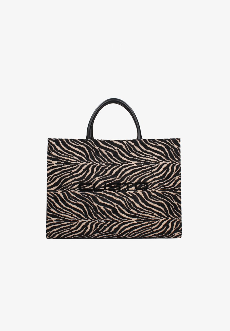 Borsa a spalla rettangolare con stampa zebra nera e beige e manici neri, con testo ricamato in bold nero sul davanti.