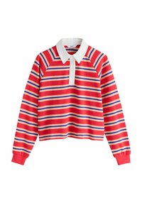 Maglione a righe rosse e bianche con colletto di camicia bianco, caratterizzato da maniche lunghe e orlo a coste. Righe orizzontali di larghezza variabile.
