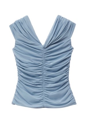 Blaues, ärmelloses Oberteil mit V-Ausschnitt und plissiertem Design. Hergestellt aus weichem Stoff, mit Raffungselementen entlang des Oberteils für einen strukturierten Look.