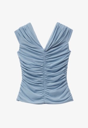 Blauwe mouwloze top met een V-hals en geplooid ontwerp. Gemaakt van zachte stof, met rimpeldetails langs het lijfje voor een textuurlook.