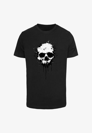 Czarna bawełniana koszulka z białym nadrukiem czaszki z dodatkowymi szczegółami w stylu plamy i kropli, umieszczona na środku przodu. Krótkie rękawy i okrągły dekolt.