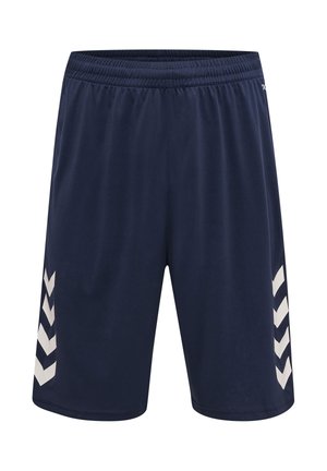 Granatowe sportowe spodenki z elastyczną talią i białymi paskami w kształcie jodełki po obu stronach.