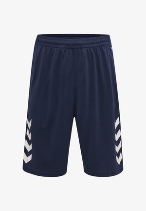 Granatowe sportowe spodenki z elastyczną talią i białymi paskami w kształcie jodełki po obu stronach.