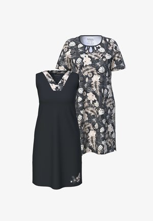 Twee jurken: de ene zwart zonder mouwen met een V-hals en een bloemenaccent, de andere met korte mouwen en een zwart bloemenpatroon op een witte achtergrond.