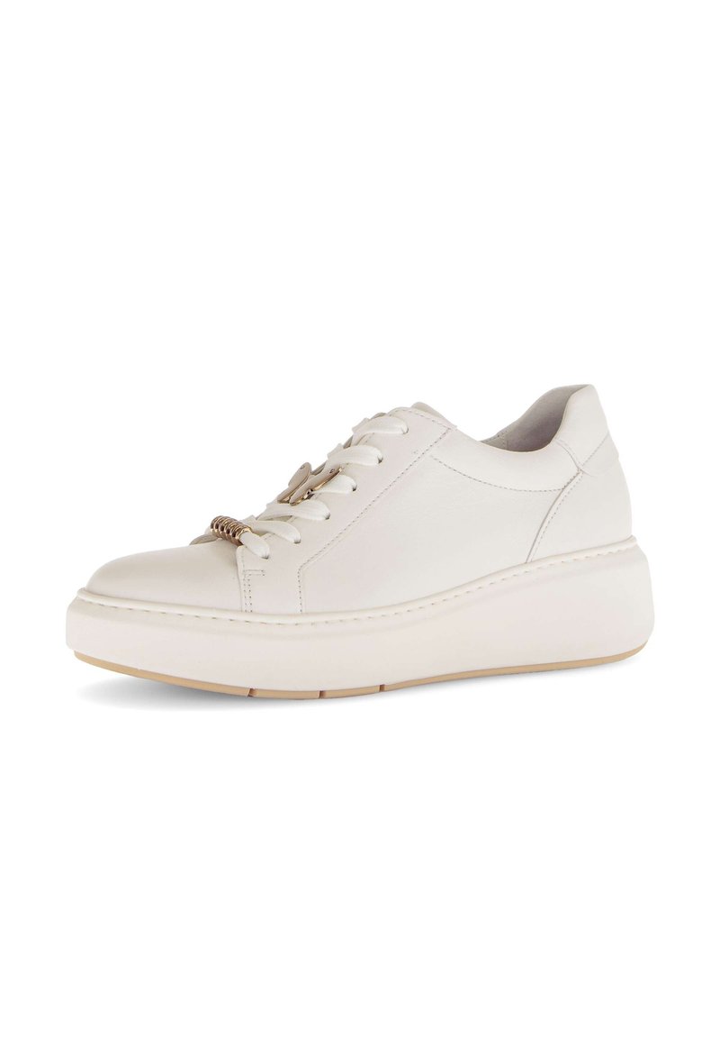 White leather sneakers feature a rounded toe, thick white sole, and laces with gold hardware accents, providing a smooth texture and modern design.