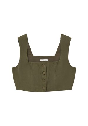 Top court sans manches, couleur olive, avec un décolleté carré et quatre boutons recouverts de tissu à l'avant.