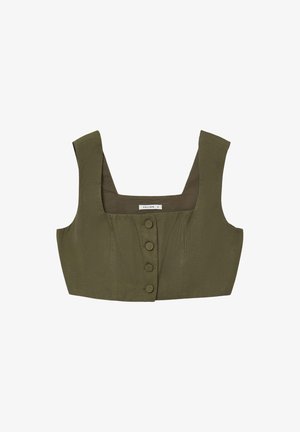 Top corto senza maniche di colore verde oliva con scollo quadrato e quattro bottoni rivestiti di tessuto sul davanti.
