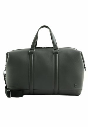 Sac de sport en cuir noir avec deux poignées, une bandoulière réglable et un logo de marque discret dans le coin inférieur droit.